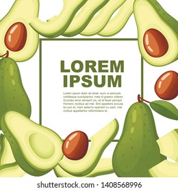 Fresh avocado and slice of avocados. Whole and half cut juicy avocado. Flat vector illustration. Vegetarian, vegan Healthy organic food. Advertising flyer or greetings card design.