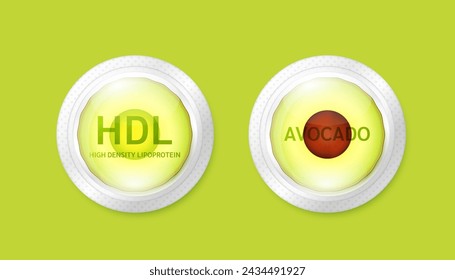Fresh avocado slice green in pill form. Vitamin C fiber HDL High Density Lipoprotein essential the health care. Natural alternative dietary supplements. Fruits rich in vitamins minerals. Vector.