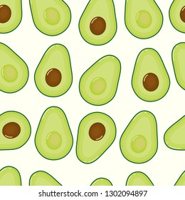 Fresh avocado slices seamless pattern on white background. Fruit citrus. Organic food. Elements for menu. Vector illustration.