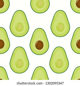 Fresh avocado slices seamless pattern on white background. Fruit citrus. Organic food. Elements for menu. Vector illustration.