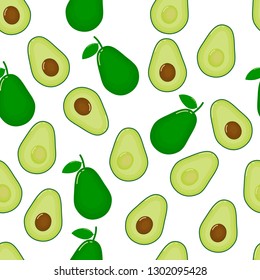 Fresh avocado slices seamless pattern on white background. Fruit citrus. Organic food. Elements for menu. Vector illustration.