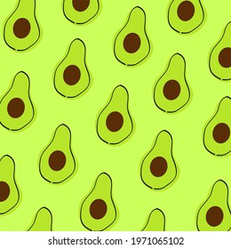 Fresh avocado slices seamless pattern on green background. Organic food. Elements for menu. Vector illustration.