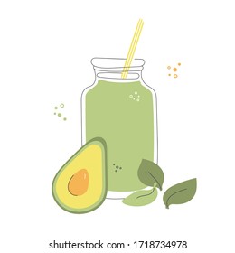 Fresh avocado and spinach smoothie. Glass bottle with a straw, fruit and leave. Detox summer drink in doodle style. Whimsical food illustration. 