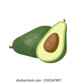 Fresh avocado, tropical fruit vector illustration. Cartoon isolated whole avocado with green peel, cut in half with brown pit, exotic vegetarian ingredient for cooking guacamole, healthy salad