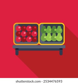Fresh avocados and apples displayed on supermarket shelf with red background