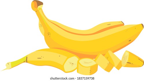  fresh babans. Bunch of bananas and banana cut into pieces on white isolated background