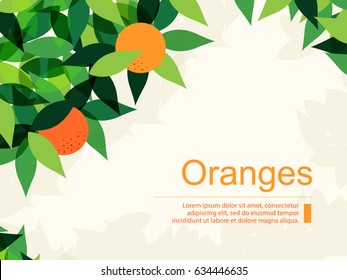 Fresh Background with Oranges and Green Leaves. Flat Design Style. 