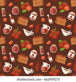 Fresh background organic red tomato vegetable products seamless pattern vector illustration.
