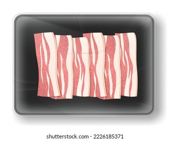 Bacon fresco en plástico transparente. Carne en bandejas de plástico o recipientes de envasado al vacío. Modelo de empaque de alimentos, mercado, concepto de comestibles. Ilustración vectorial 3d realista