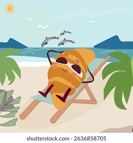 Fresh bagel relaxing on the beach vector illustration bun in glasses cartoon character lying in a lounge chair on the sand, summer illustration,sweet pastries funny character in sunglasses.