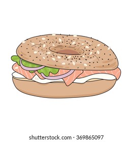 Fresh bagel sandwich with cream cheese, salmon fillet (lox), salad leaf and onions. Delicious bagel breakfast. Take away fast food. Vector illustration.