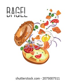 Fresh bagel sandwich with salmon fillet, tomatoes, avocado cream, egg and onion. The ingredients for the filling fly into the bagel. Drawn in sketch. Tasty breakfast. Take away fast food. Vector