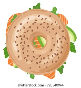 Fresh bagel sandwich with salmon fillet, avocado and arugula. Top view of bagel with filling. Delicious breakfast. Take away fast food. Vector illustration.