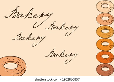 Fresh bagel with seeds. Design element for business card, flyer, booklet, postcard, menu, gift cards, decor. Hand drawn Vector illustration.