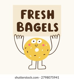 Fresh bagels funny bakery quote with cute bagel character holding banner