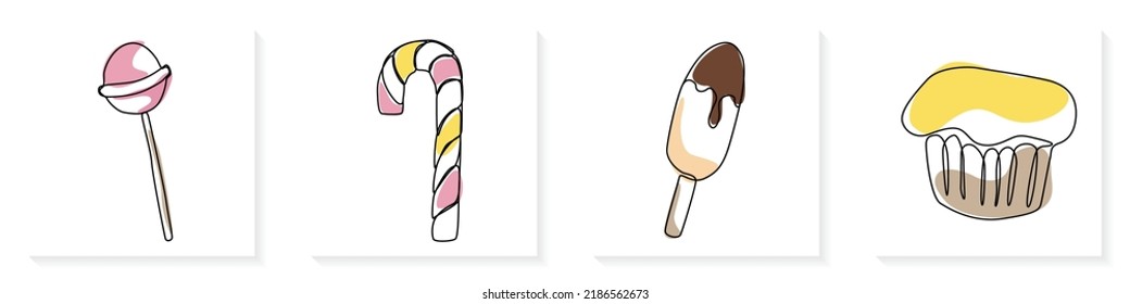 fresh bake sweet bakery dessert cake in minimal continuous one line with color design
