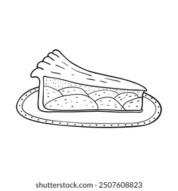 Frisch gebackener Apfelkuchen im doodle-gravierten Skizzenstil. Ein Stück traditionelles Dessertprodukt auf dem Teller. Handgezeichnete Illustration für Speisekarte, Bar, Café, Bäckerei, Restaurantzertifikat.