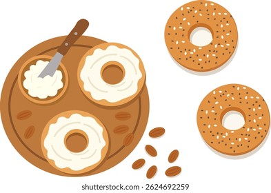 Fresh baked bagels with cream on board, top view. Healthy breakfast background an illustration.
