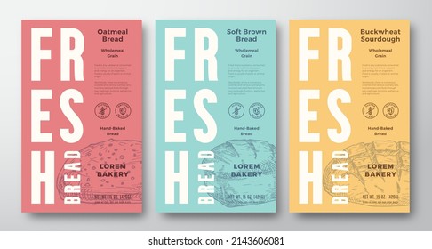 Fresh Baked Bread Abstract Vector Packaging Design Labels Collection. Modern Typography Banners, Hand Drawn Bread Loaf Sketch Silhouettes Set. Color Paper Background Layouts Isolated