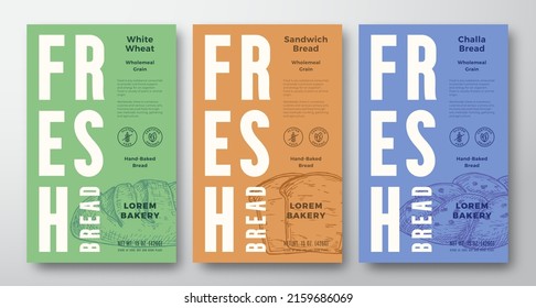 Fresh Baked Bread Abstract Vector Packaging Design Labels Collection. Modern Typography Banners, Hand Drawn Bread Loaf and Pieces Sketch Silhouettes Set. Color Paper Background Layouts. Isolated