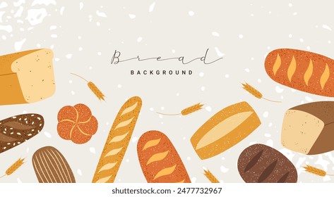 Fondo de pan recién horneado. Pan integral, centeno y trigo, ciabatta, pan, baguette. Ilustración texturizada estilo Antiguas. Plantilla de diseño de Vector para anuncios, Anuncio, cubierta, etiqueta, póster.