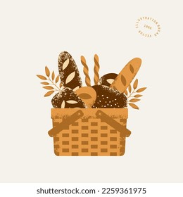 
Fresh baked bread basket. Vintage style textured illustration