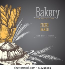 Fresh baked bread card black background. Fresh petite baguettes paked in a paper bag and rye bread on wooden board with wheat ears and lettering. Bakery shop vector hand drawn sketch illustration.