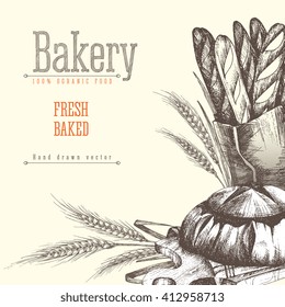 Fresh baked bread card. Petite rye loaf on a wooden chopping board and fresh baguettes paked in a paper bag. Vector hand drawn sketch. Bread, baguette with wheat ears and lettering. Bakery shop.