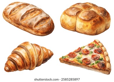 Fresh baked bread, delicious pastries, watercolor style, food illustration, culinary art, vibrant colors, appetizing visuals.