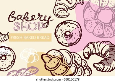 Fresh baked bread. Hand drawn doodle for bakery shop. 