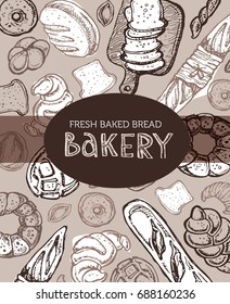 Fresh baked bread. Hand drawn doodle for bakery shop. 