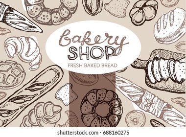 Fresh baked bread. Hand drawn doodle for bakery shop. 