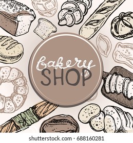 Fresh baked bread. Hand drawn doodle for bakery shop. 