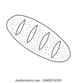 Fresh baked bread loaf with texture, top view, doodle style flat vector outline for coloring book