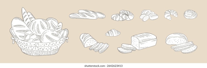 Conjunto de vetor de desenho de esboço de produto de pastelaria e pães frescos