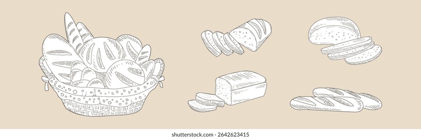 Conjunto de vetor de desenho de esboço de produto de pastelaria e pães frescos
