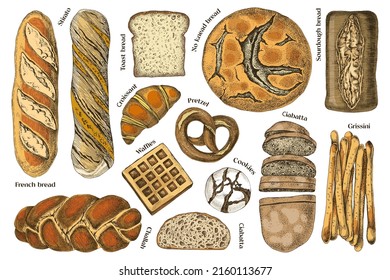 Fresh baked bread sketches set