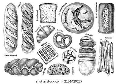 Fresh baked bread sketches set