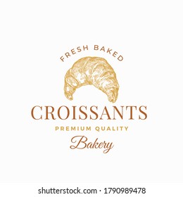 Fresh Baked Crissants Abstract Sign, Symbol or Logo Template. Hand Drawn French Bun and Typography. Local Bakery Vector Emblem Concept. Isolated.