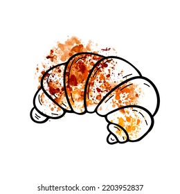 Fresh baked croissant dessert in doodle engraved sketch style. Traditional morning breakfast product. Hand drawn vector illustration on watercolor stain background. For menu, bar, coffee shop, cafe