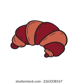 Fresh baked croissant dessert in doodle engraved sketch style. Traditional morning breakfast product. Colorful hand drawn vector illustration. For menu, bar, coffee shop, cafe, bakery, restaurant.
