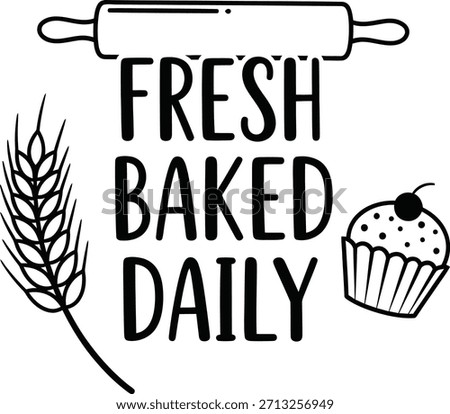 Fresh Baked Daily bakery vector badge featuring rolling pin for bread shop advertising.