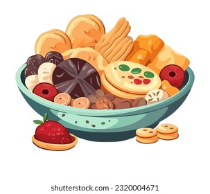 Fresh baked desserts in bowl icon isolated