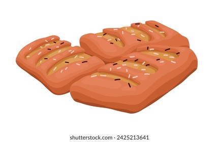 Fresh baked food, homemade bakery. Tasty flour product of puff pastry with filling. Flaky bun with ham and cheese. Bakehouse goods to cafe menu. Flat isolated vector illustration on white background