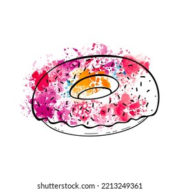 Fresh baked glazed donut in doodle engraved sketch style.Traditional dessert product.Cartoon detailed hand drawn illustration on watercolor stain background.For menu,coffee shop,cafe,bakery,restaurant