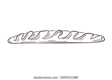 Fresh baked goods french baguette in line art style. Food for design of bakery menu and cafe. Vector illustration isolated on a white background.