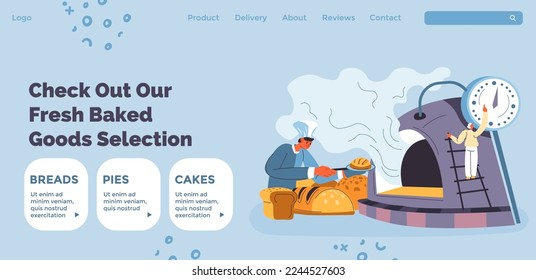 Selección de productos frescos horneados, panadería y una sabrosa selección de pasteles o dulces en la tienda o tienda. Delicioso sitio web de comida planilla de página de aterrizaje, sitio en línea. Vector de estilo plano