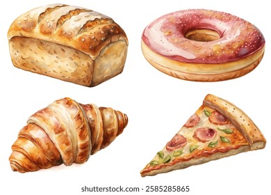 Fresh baked goods, watercolor illustration, delicious pastries, bread loaf, pink donut, croissant, pizza slice.