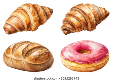 Fresh baked goods, watercolor illustration, croissants and donuts, delicious pastries, bakery art, food design.