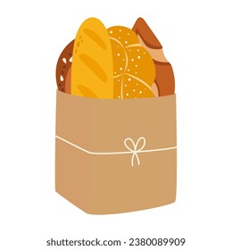 fresh baked grain bread in paper bag, cartoon flat vector illustration of bakery elements isolated on white background, delivery service concept with paper bag full of baked products